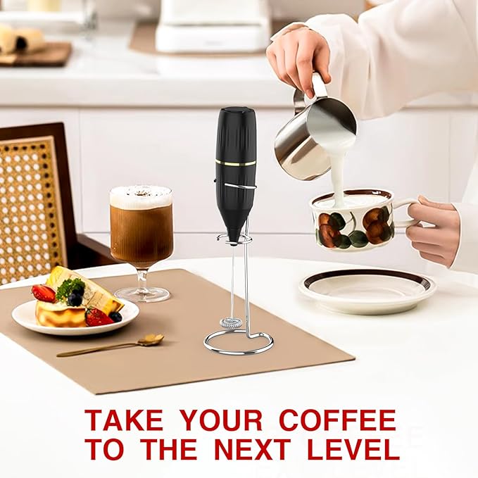 Handheld Milk Frother 14,000 RPM Drink Mixer Wand with Stand & Stirring Spoon Quiet One-Button Operation, Non-Slip Handle, Detachable Whisk Head for Coffee, Lattes, Cappuccinos, Matcha (Black)