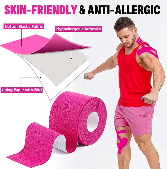 5 Rolls Kinesiology Tape, 2 inch x 16.4 Feet Waterproof Athletic Tape, Uncut Kinetic Tape, Muscle Tape, Sports Tape, Knee Tape for Exercise and Daily Use - Rose Red