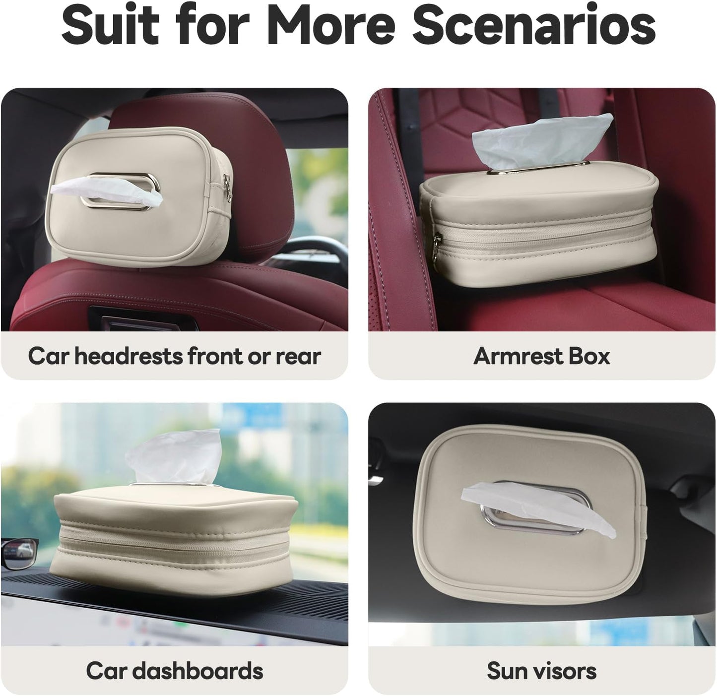 Car Tissue Holder, Tissue Box Cover Keep Car Tidy, Premium PU Leather Backseat Napkin Rectangle Organizer, Extra Large Tissue Box Storage in Car Fits for 6.6 * 4.7 * 2.3 Regular Size Tissues, White