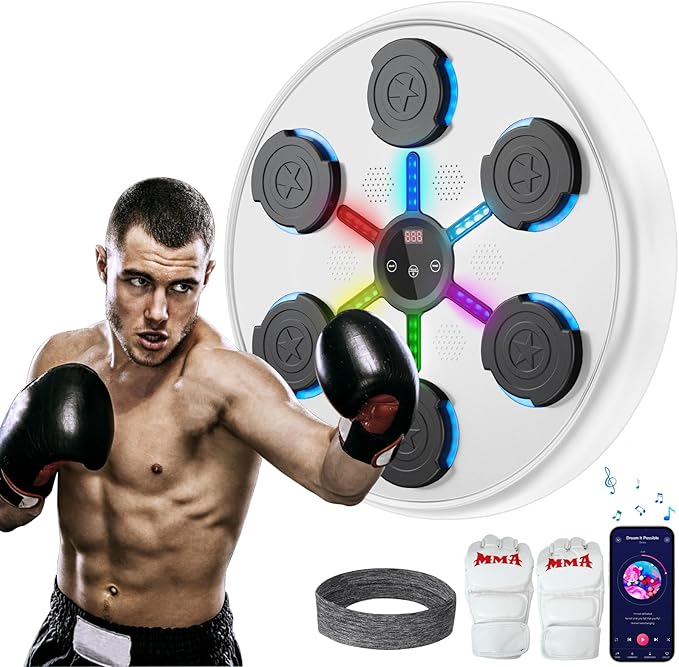 Music Boxing Machine, 2025 Upgrade Boxing Music Workout Machine for Adults Women Kids, Smart Bluetooth Boxing Music Trainer, Wall Mounted Musical Punching Pad, Boxing Machine with Gloves and Headband