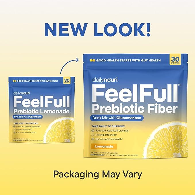 Nouri Daily FeelFull Prebiotic Fiber Drink Mix | Supports Natural Fullness, Appetite & Cravings Control, Gut & Metabolic Health | Oligofructose, Glucomannan & Chromium | 30 Stick Packs