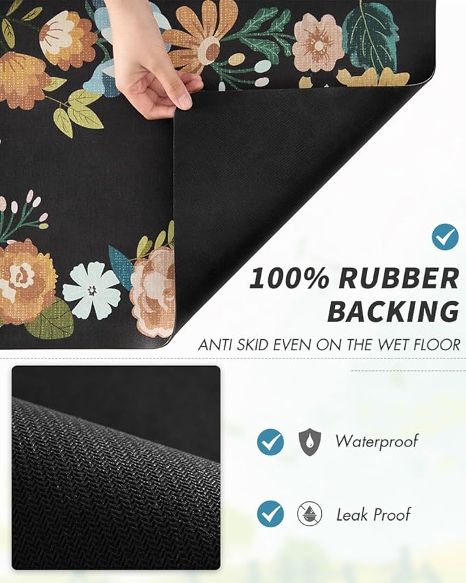 AMOAMI Coffee Mat Hide Stain Rubber Backed Absorbent Dish Drying Mat for Kitchen Counter - Fits Under Coffee Maker or Machine - Floral BLACK 17x31.5