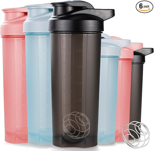 6 Pack Protein Shaker Bottles for Protein Mixes, Shaker Cups for Protein Shakes, 3 pcs 24 oz and 3 pcs 20 oz (Multicolor)