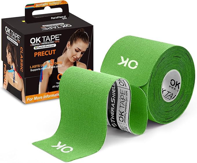 OK TAPE Kinesiology Tape 10 inches Precut, 20 Strips, Cotton Elastic Athletic Tape Latex Free, 2in x 16ft, Green
