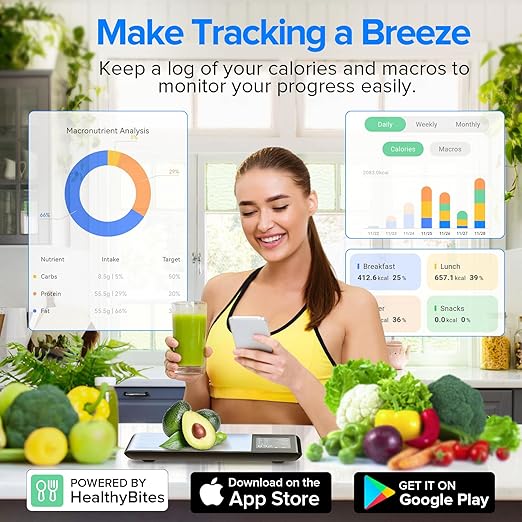Smart Food Kitchen Scale with Nutritional Calculator, Free App with 19 Nutrients Tracking, Calorie, Marco, Digital Weight Grams and Ounces for Weight Loss, Premium Stainless Steel, 22lb
