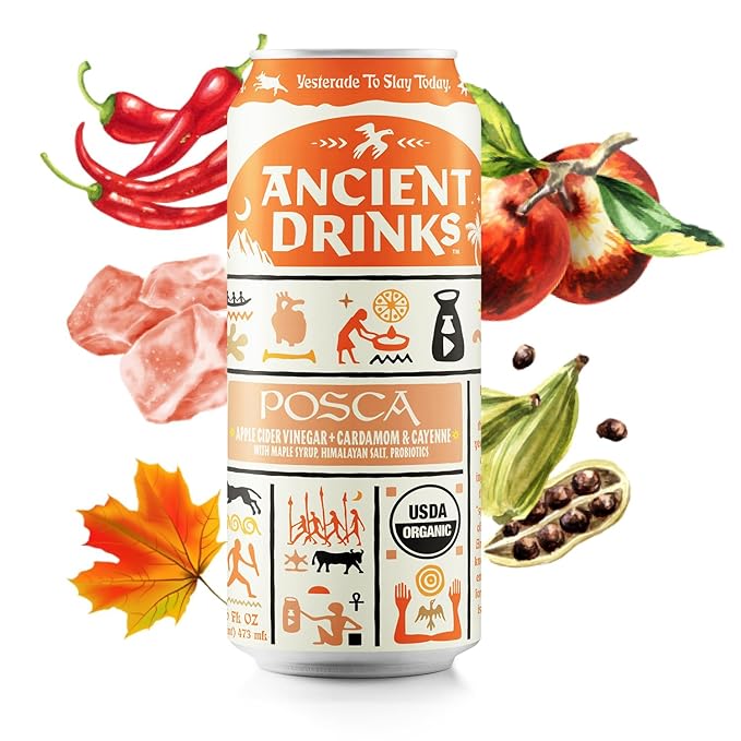 ANCIENT DRINKS Apple Cider Vinegar Beverage with Electrolytes, Vitamins, & Probiotics, Organic, Super-Hydrating Sports Drink - Posca (Cayenne & Cardamom) - 16 fl oz (12 cans)