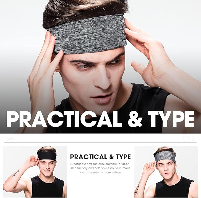 Braylin Men's Headbands, 3-Pack Head Band for Men, Sport Sweatbands for Running Fitness Yoga Cycling, Sweat Wicking Non Slip