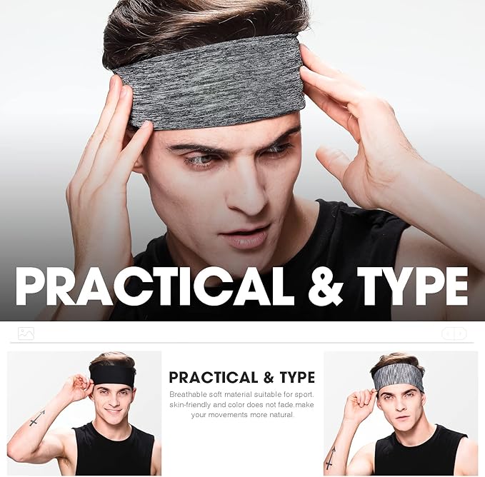 Braylin Men's Headbands, 3-Pack Head Band for Men, Sport Sweatbands for Running Fitness Yoga Cycling, Sweat Wicking Non Slip
