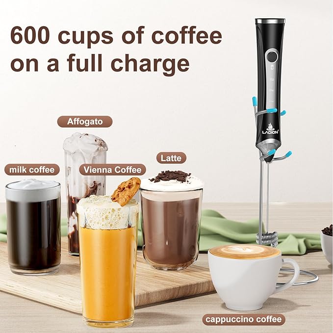 Rechargeable Frother Wand with Stand, Milk Frother with Detachable Stainless Steel Double Rings Whisk, 3-Speed Handheld Electric Drink Mixer for Lattes, Cappuccino, Coffee