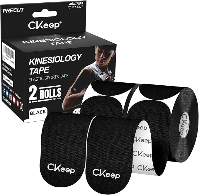 CKeep Kinesiology Tape, 2 Rolls Cotton Latex Free Hypoallergenic Elastic Precut Strips, 2 Inch Wide Waterproof Athletic Tape for Knees Pain Injuries Sprains, Black