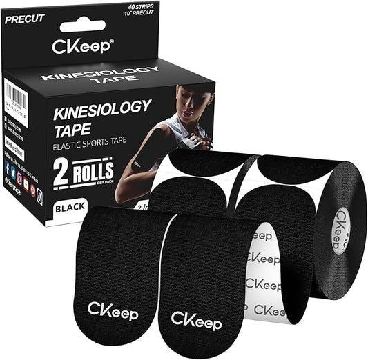 CKeep Kinesiology Tape, 2 Rolls Cotton Latex Free Hypoallergenic Elastic Precut Strips, 2 Inch Wide Waterproof Athletic Tape for Knees Pain Injuries Sprains, Black