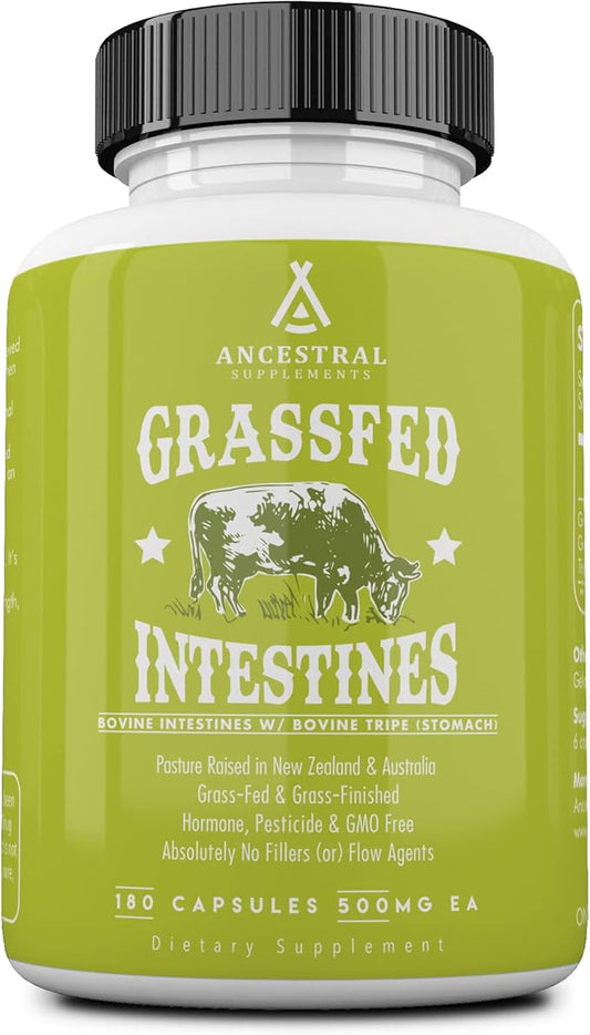 Ancestral Supplements Grass Fed Beef Intestines with Stomach (Tripe), 3000mg, Digestion Supplement Supports Acid Reflux and Gut, Intestine and Digestive Health, Non GMO, 180 Capsules