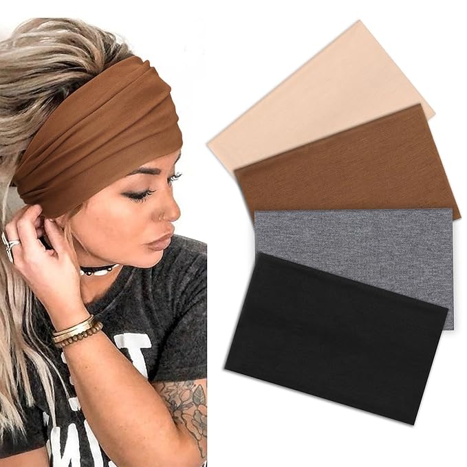 DRESHOW Wide Headbands for Women Elastic Turban Hair Bands Boho Head Bands for Women's Hair Non-Slip Yoga Workout Hairband Girls Accessories 4 Pack