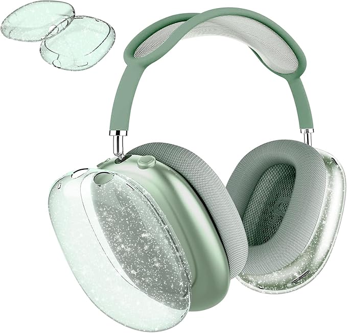 for AirPods Max Case Clear Pink Glitter,Clear Case for Airpods Max Case Cover,Shockproof Anti-Scratch Soft TPU Protective Case No-Yellowing Accessories for AirPod Max Headphone-Green Glitter