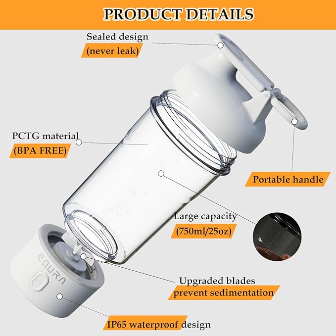 JOTER & LIBEAR Electric Shaker Bottle, Portable USB Rechargeable Protein Shake Mixer, Shaker Bottles for Protein Mixes and Meal Replacement Shakes, BPA Free, Waterproof, 25 oz (White)