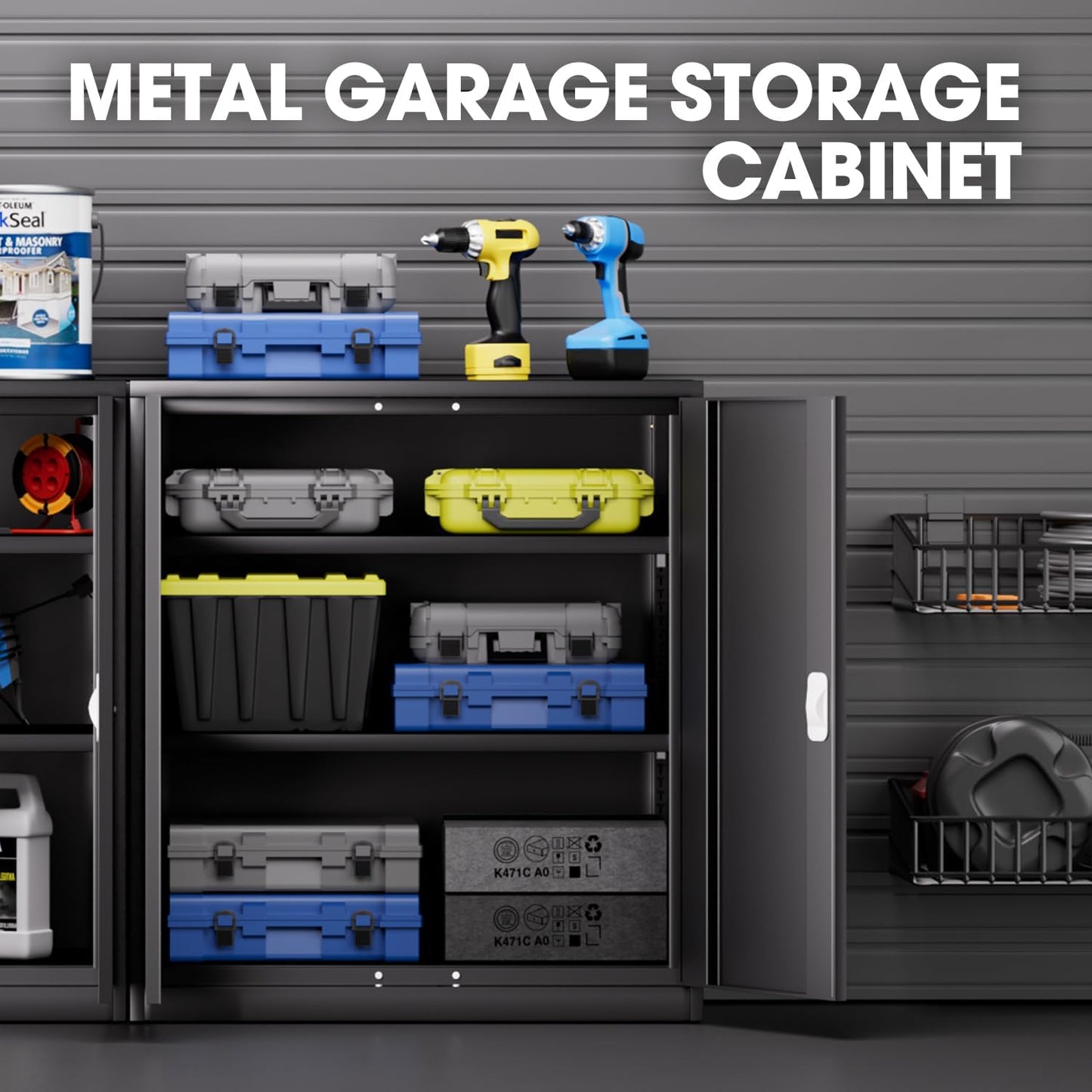 DNA MOTORING Metal Storage Cabinet, 36'' Locking Cabinet with 2 Doors and 2 Adjustable Shelves, Metal Cabinet Heavy Duty Utility Cabinet for Garage,Office,Home,Gym, Black, TOOLS-00631-BK-BK