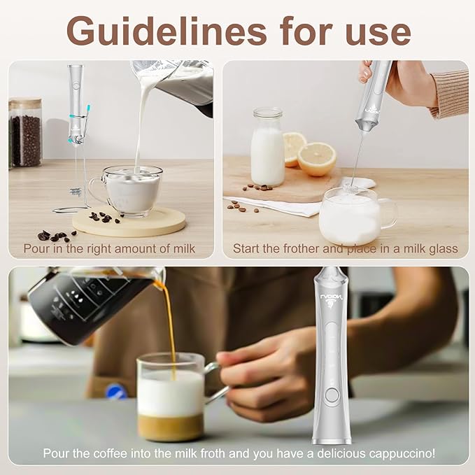 Rechargeable Frother Wand with Stand, Milk Frother with Detachable Stainless Steel Double Rings Whisk, 3-Speed Handheld Electric Drink Mixer for Lattes, Cappuccino, Coffee (Sliver)