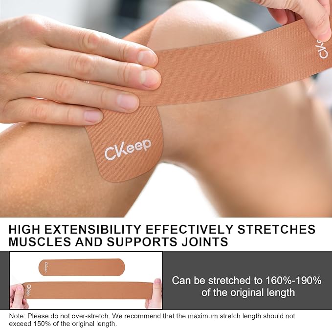 CKeep Kinesiology Tape, 2 Rolls Cotton Latex Free Hypoallergenic Elastic Precut Strips, 2 Inch Wide Waterproof Athletic Tape for Knees Pain Injuries Sprains, Beige