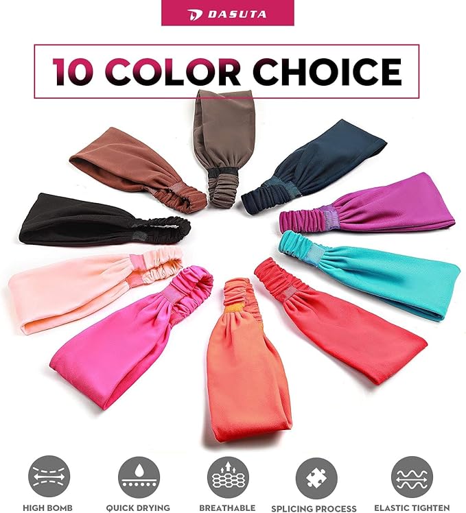 Workout Headbands for Women Sports Sweatbands Yoga Hairbands for Fitness Elastic Athletic Non Slip Wicking Headscarf for Men Womens and Girls 10 PCS (Style 4-10 Color)