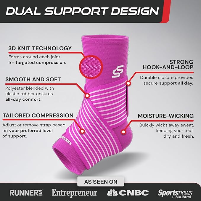 Sleeve Stars Ankle Brace for Women & Men, Ankle Wrap for Sprained Ankle, Compression Sleeve for Plantar Fasciitis Relief, Easy Customizable Support: w/Removable Strap (Single/L:12"-13"/Hot Pink)