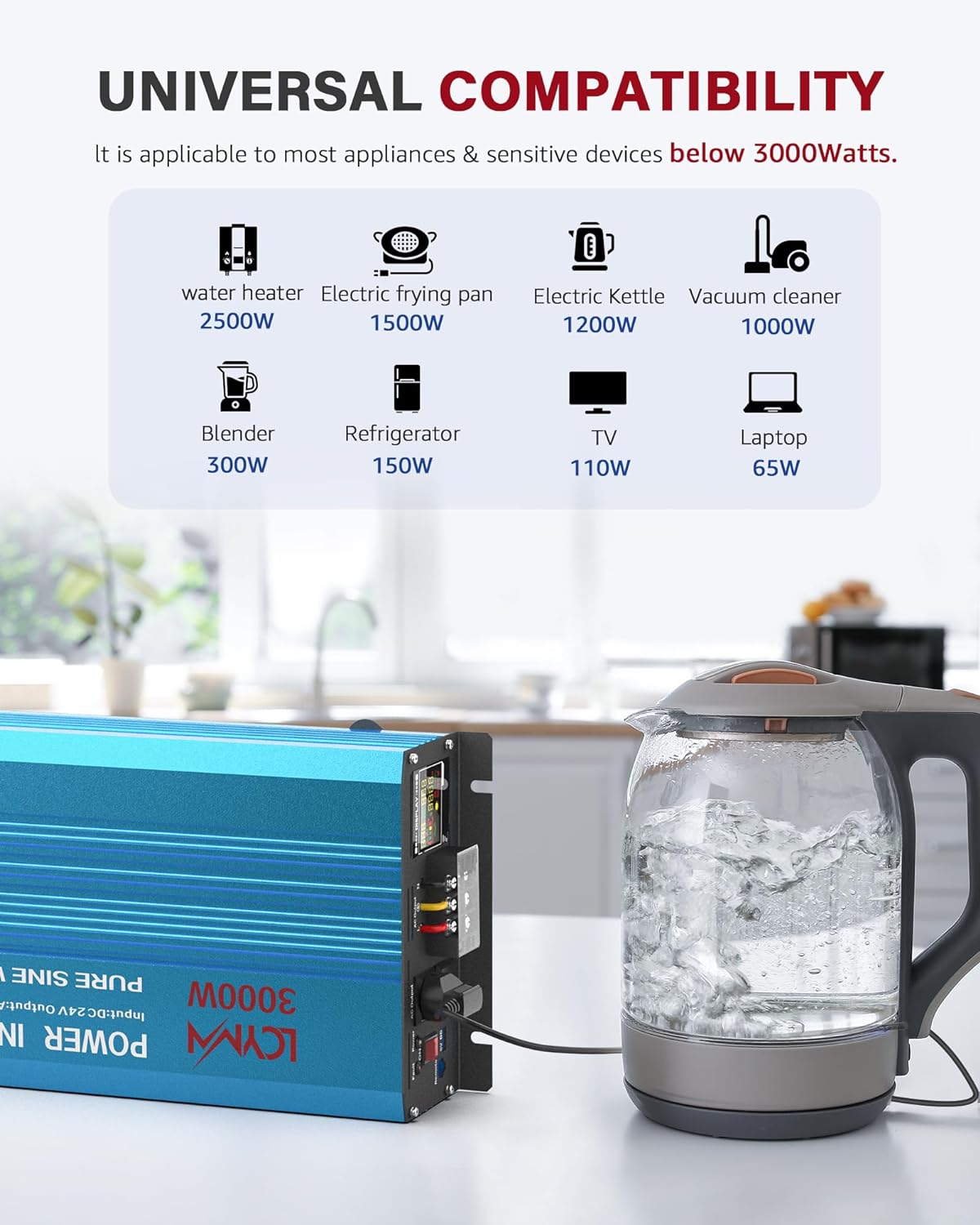 3000 Watt Inverter Pure Sine Wave DC 24V to 110V/120V AC Power Inverters with 2 AC Charger Outlets 6000W Peak Car Solar Converter for Vehicles Home with LCD Display and 2.4A USB Charging Port