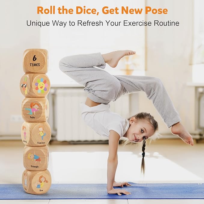 Wooden Yoga Dice Set for Kids, Fun Workout Game with 6 Exercise Dice, 12 Yoga Cards & A Box, Mindfulness Mother's Day Christmas Yoga Set for Girls & Beginners