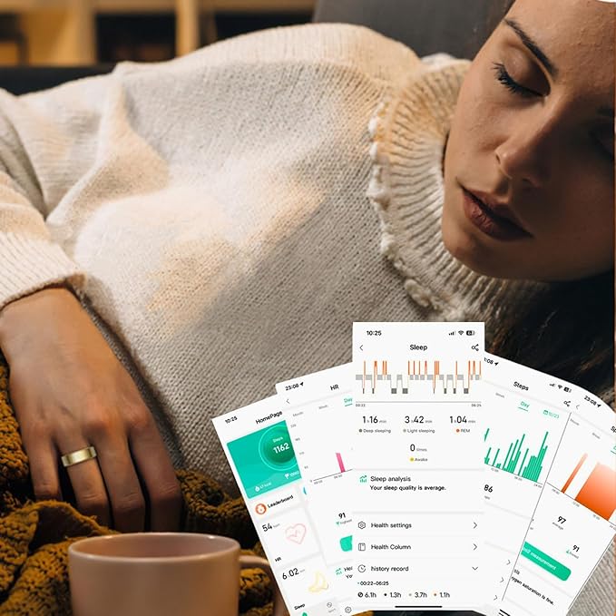 Smart Wellness Ring, Stylish Fitness Tracker with Heart Rate, Blood Oxygen, Blood Pressure, Sleep & Step Monitor. IP68 Waterproof, No Subscription, iOS & Android Compatible (Gold, 7)