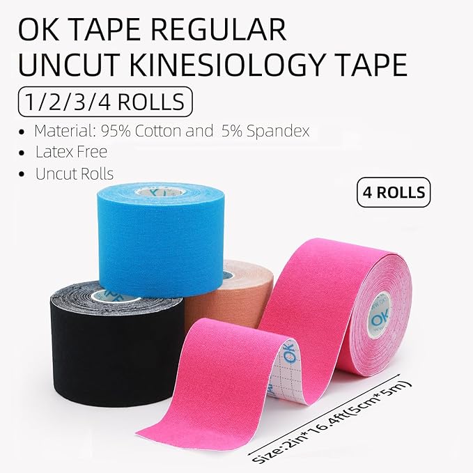 OK TAPE Regular Kinesiology Tape (4 Pack), Original Cotton Athletic Tape for Support Muscle Joint Knee, Sports Waterproof Tape Uncut Strips Latex Free, Hypoallergenic, 2in×16.4ft - 4 Colors