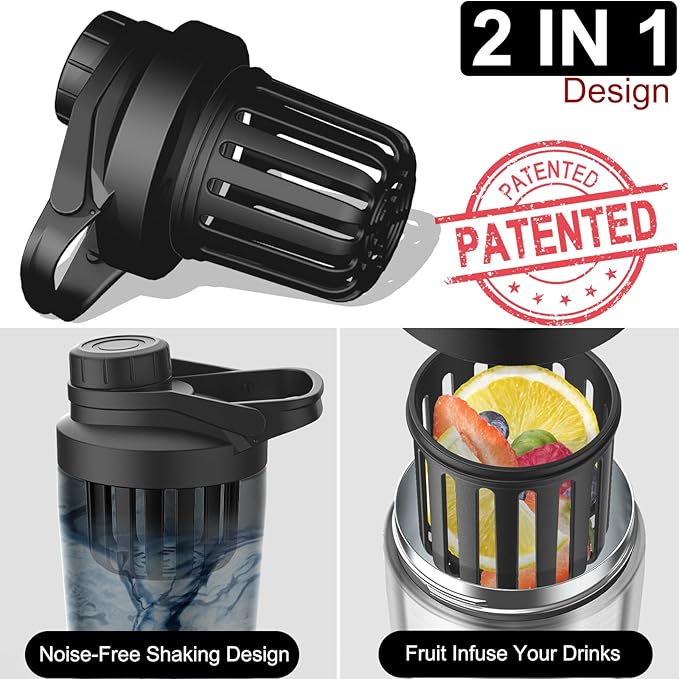 Stainless Steel Shaker Bottle with Noise-Free Design - Patented 24 oz Insulated Metal Shakers Bottles Cup for Protein Mixes and Pre Workout 100% Leak Proof (Black)