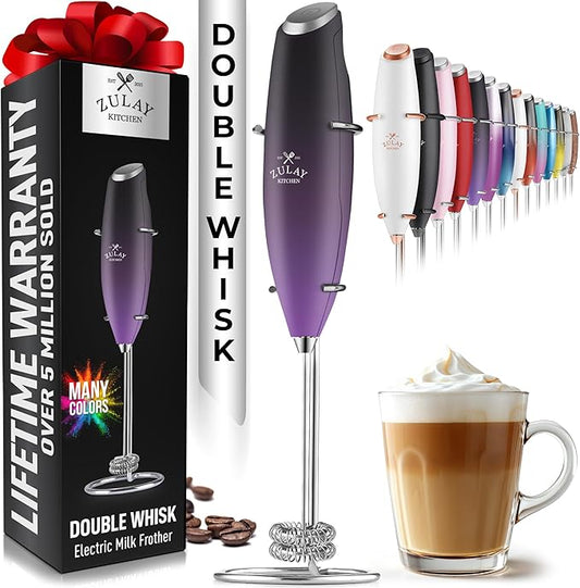 Zulay Kitchen Powerful Double Whisk Milk Frother Handheld - Foam Maker With Stand - Whisk Drink Mixer for Coffee, Mini Foamer for Latte, Matcha, Frappe, Hot Chocolate & Cappuccino (Galaxy)