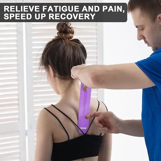 CKeep Kinesiology Tape, 2 Rolls Cotton Latex Free Hypoallergenic Elastic Precut Strips, 2 Inch Wide Waterproof Athletic Tape for Knees Pain Injuries Sprains, Purple