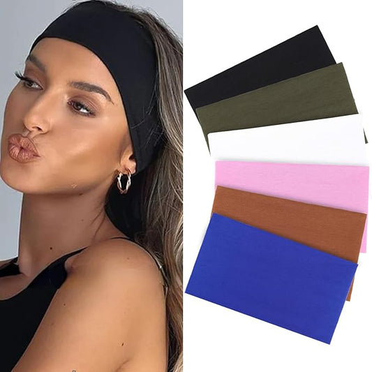 XTREND 6 Pcs Wide Headbands for Women Extra Large Turban Stretch Fashion Headband Boho Hair Band Workout Running Sport Hairband Girls Accessories (Black, Coffee, Army Green, White, Pink, Bluen)