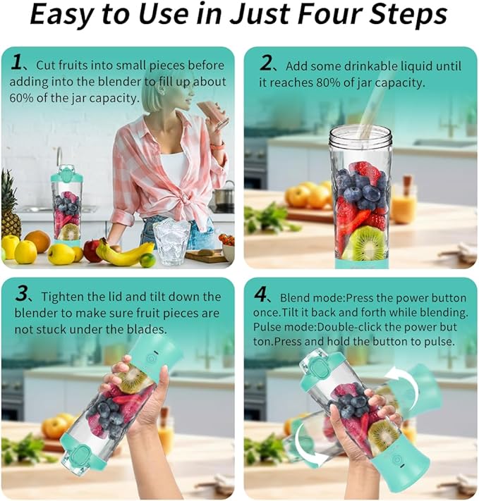 Portable Blender, Personal Blender for Shakes and Smoothies with 20 Oz Travel Cup and Lid, Mini Personal Size Blender with 6 Blades and USB Rechargeable for Gym and Kitchen (Mint Blue)