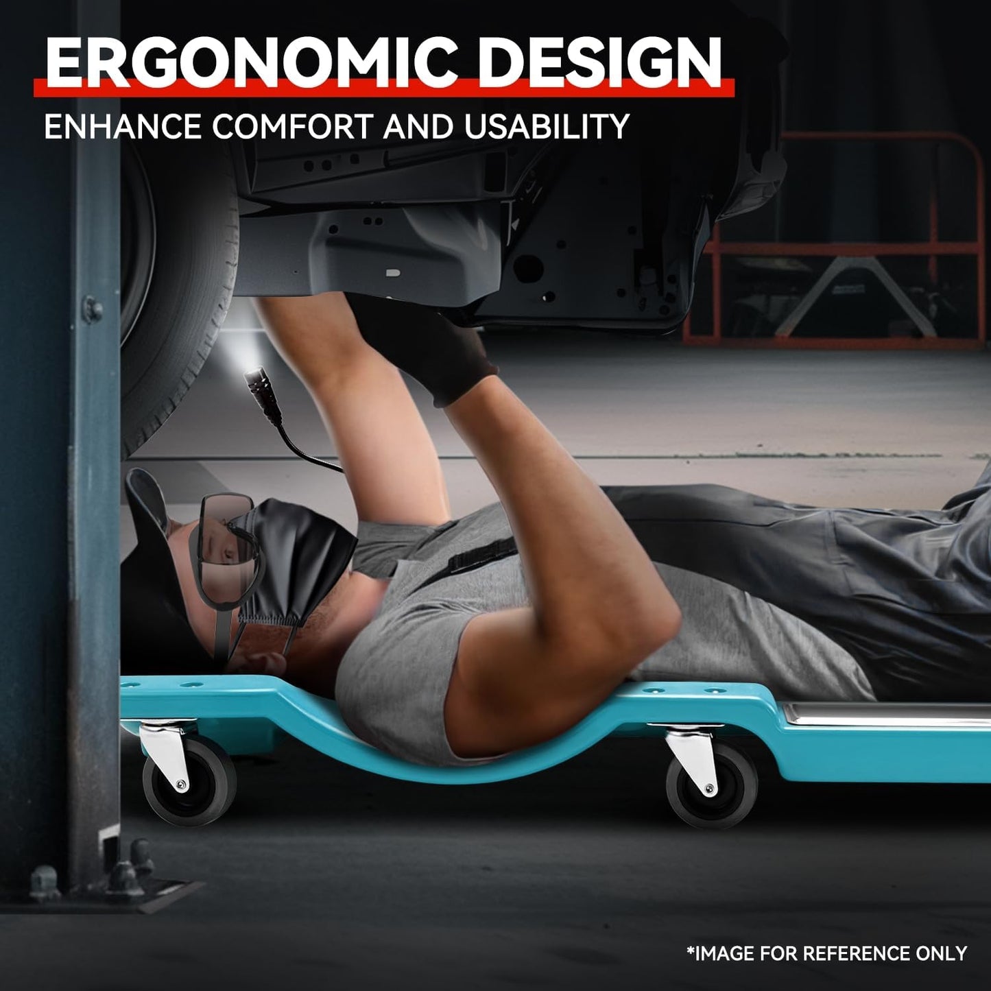 Auto Dynasty 40 Inches Mechanic Creeper, Automotive Garage Repair Low Profile Under Car Rolling Creeper with LED Light and Padded Headrest, Plastic, Sky Blue