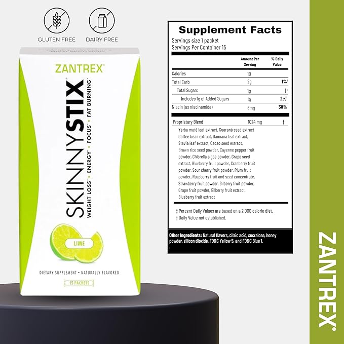 SkinnyStix Lime GLP-1 Support Powder Energy Drink, Metabolic Support, Appetite Control, Natural Energy Boost | 15 Single-Serving Packets