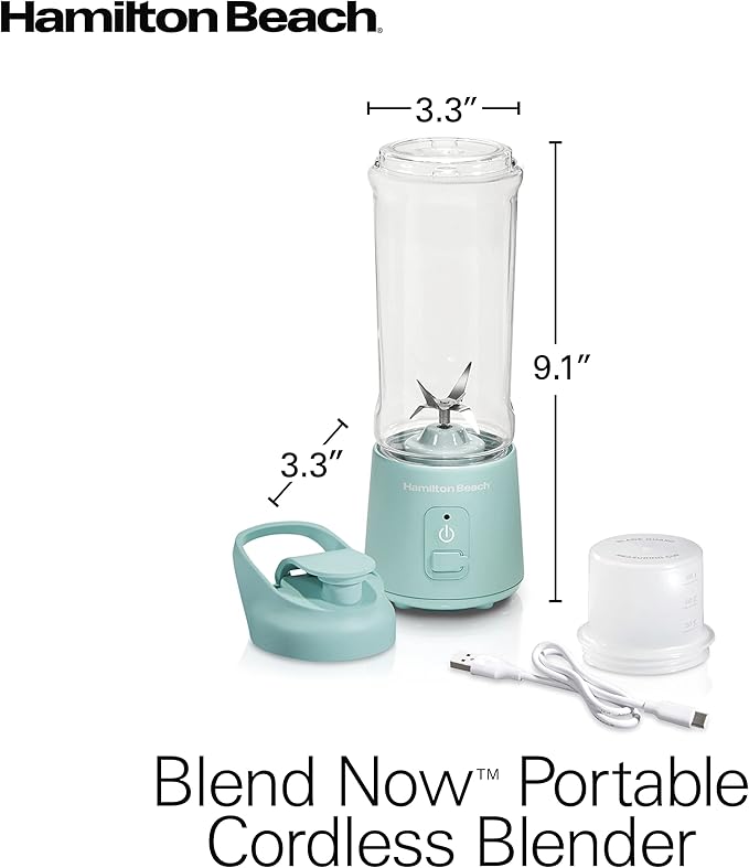 Hamilton Beach Mini Cordless Portable Personal Blender for Shakes and Smoothies, USB Rechargeable, 16 oz. Jar with Leakproof Travel Lid, 6 Stainless Steel Blades, Blue (51182)