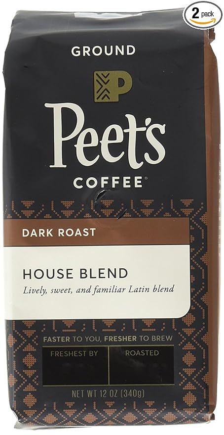 Peet's Coffee House Blend, Dark Roast Ground Coffee, 12 Ounce Bag (Pack of 2) Packaging May Vary Bright, Lively, and Balanced Dark Roast Blend of Latin American Coffees, Deep Roasted, Hint of Spice
