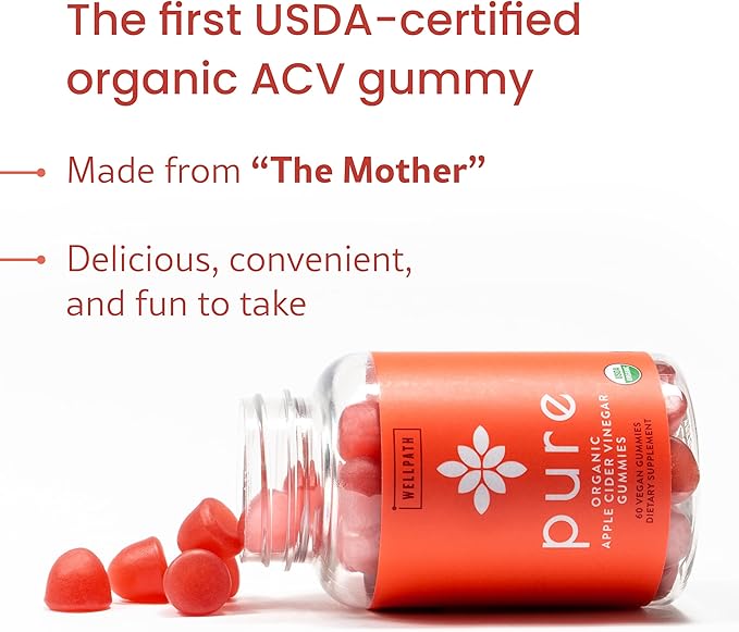 WellPath Organic Apple Cider Vinegar Gummies with The Mother - USDA Organic ACV Gummies - Ginger & Apple Cider Vinegar with Mother for Gut Health - Vegan, Non-GMO, 60 Ct