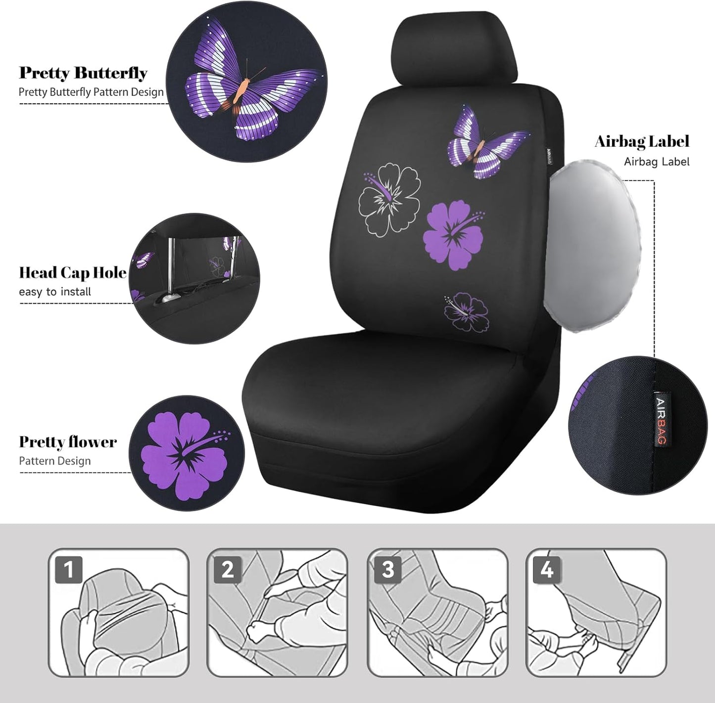 CAR PASS Universal Cloth Butterfly Car Seat Covers Full Set, Embroidered Flower Waterproof Car Floor Mats Carpet, Butterflies Steering Wheel Cover for Car Accessories Interior Sets (Black and Purple)
