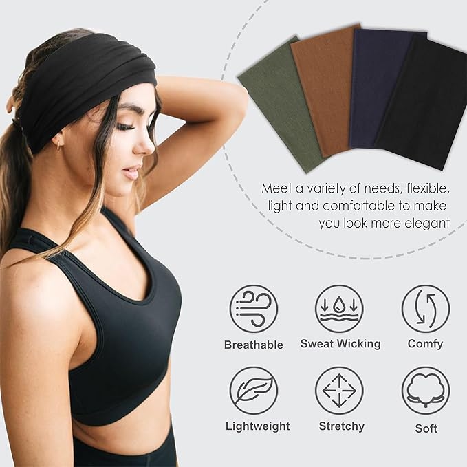 DRESHOW Wide Headbands for Women Elastic Turban Hair Bands Boho Head Bands for Women's Hair Non-Slip Yoga Workout Hairband Girls Accessories 4 Pack