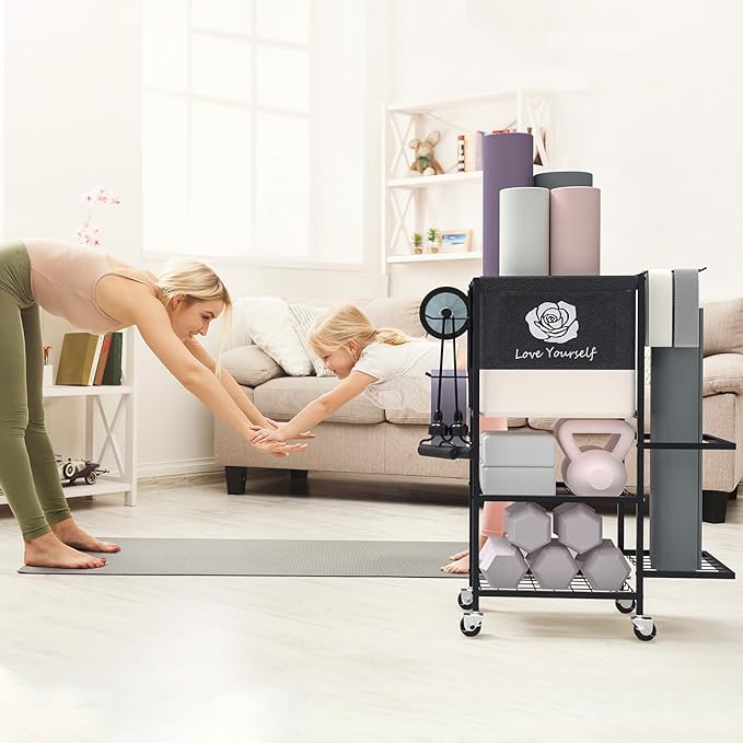Yoga Mat Storage Rack,Home Gym Storage Rack Gym Workout Equipment Storage Organizer Fitness Weight Rack on Wheels for Yoga Mat,Yoga Block,Foam Roller,Resistance Band,Dumbbell,Kettlebell and Other Workout Accessories
