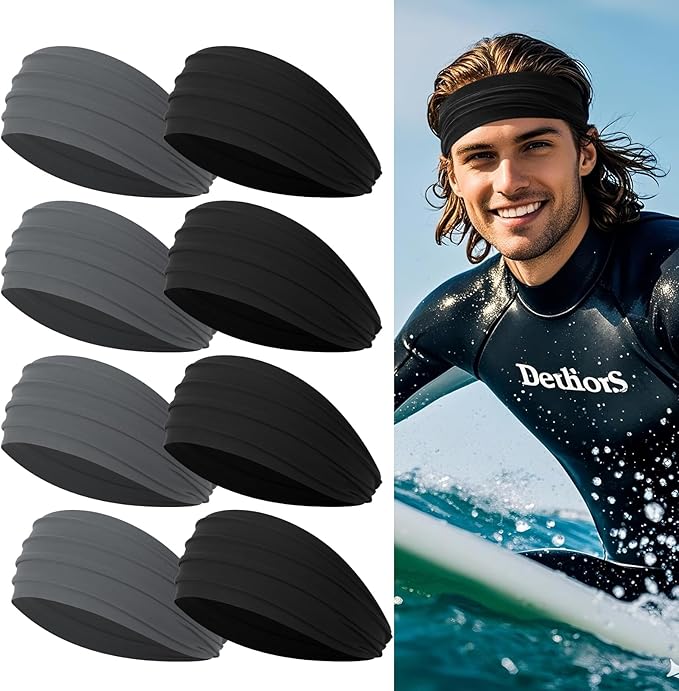 Wide Headbands for Men, Men’s Headbands for Long Hair, Head Bands for Men for Workout, Running, Baseball, Football, Tennis, Basketball, Softball, 8 Pieces