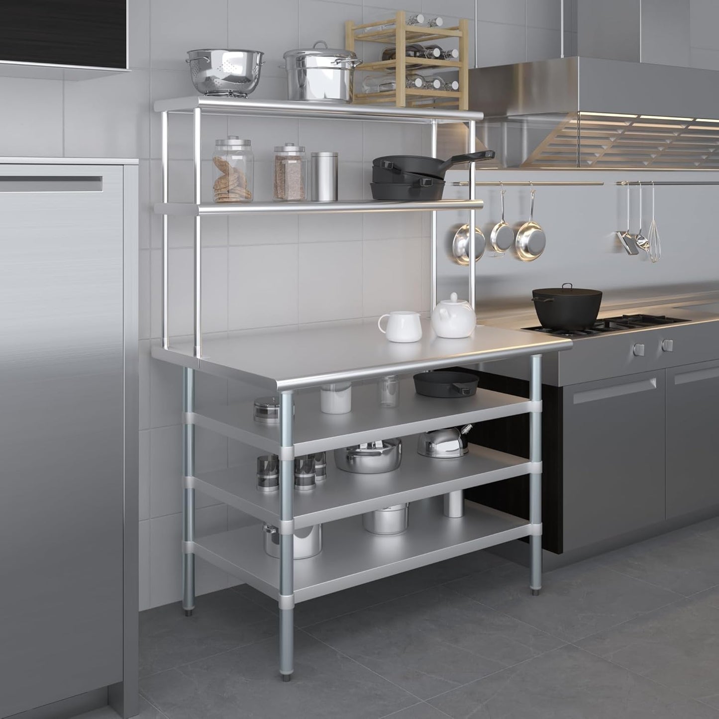 Amgood 30" x 48" Stainless Steel Work Table with 3 Shelves and 12" Wide Double Tier Overshelf | Metal Kitchen Prep Table & Shelving Combo | NSF