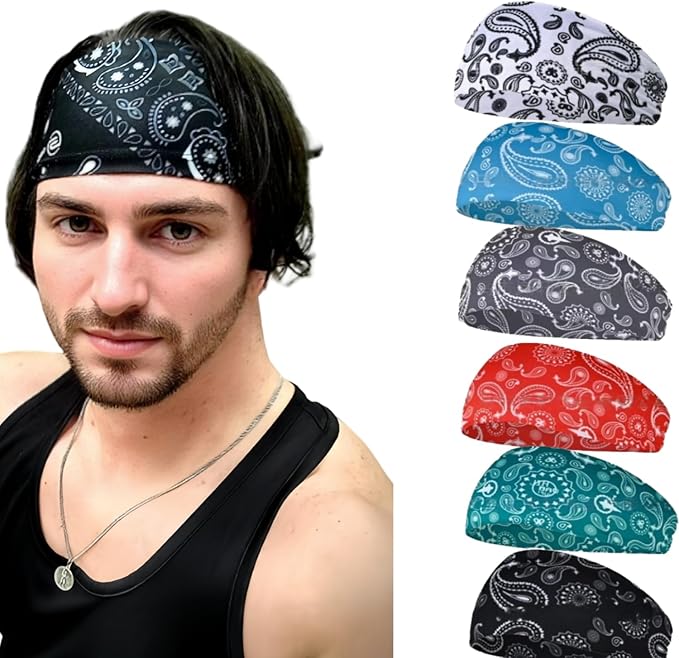 Sweat Headbands for Men,6 Pack Workout Sports Hairband for Gym, Ideal for Fitness,Running,Cycling,Hike