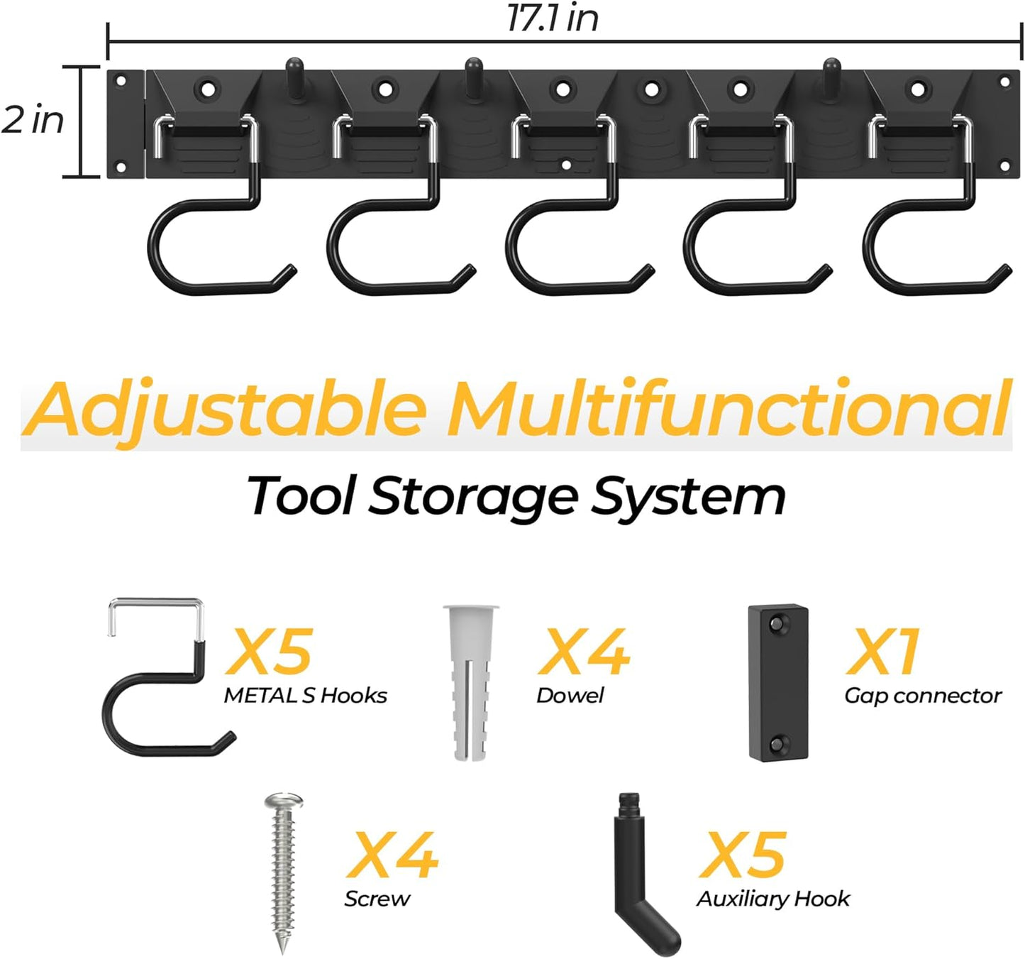 34 Inch Garden Tool Organizer Wall Mount with Non Slip Rubber Coated Metal Hooks, Storage Rack for Indoor/Outdoor Shovel, Rake, Mop and Broom Holder Wall Mount ( 10 Hooks+10 Holders