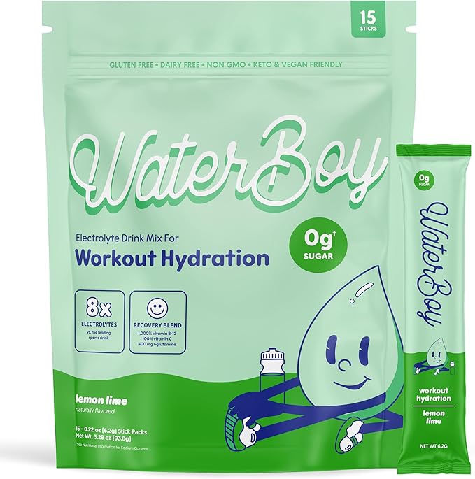 Waterboy Workout Hydration | 2,960mg Sugar Free Electrolyte Powder Packets | L-Glutamine + Vitamins | No Sugar, All Natural, Gluten Free | 15 Drink Stick Mixes (Lemon Lime)