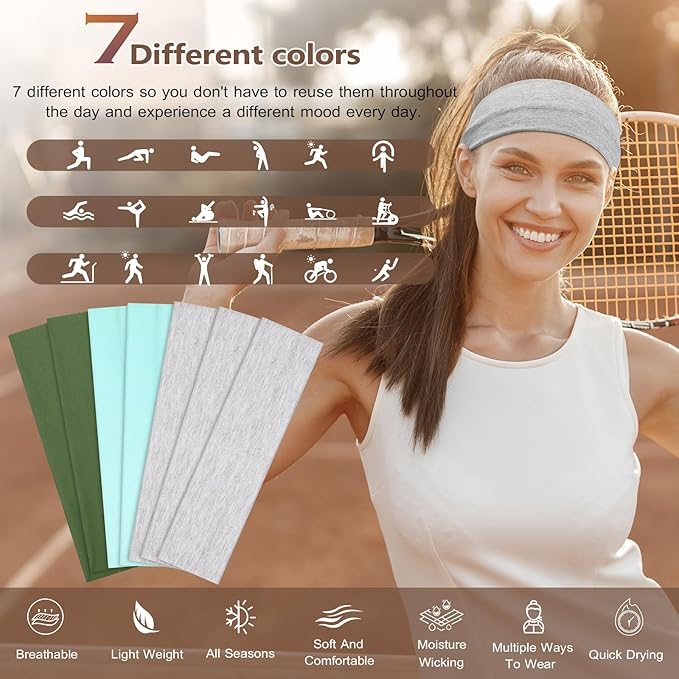 Headbands for Women Non Slip - 7PCS Fashion Sports Hair Bands for Women's Hair, Soft Cotton Cloth Stretchy Headbands for Women for Workout Yoga Running
