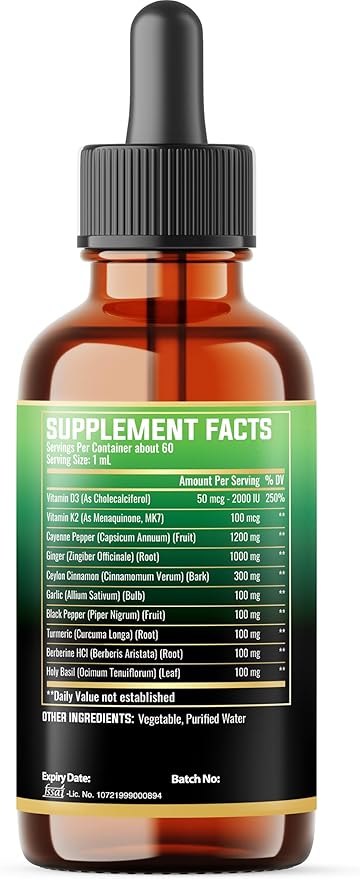 10in1 Cayenne Pepper Liquid Drops + Ginger, Ceylon Cinnamon, Vitamin D3, Vitamin K2, Garlic, Black Pepper and More - Digestion Support - 2 Fl Oz - 2 Months Supply
