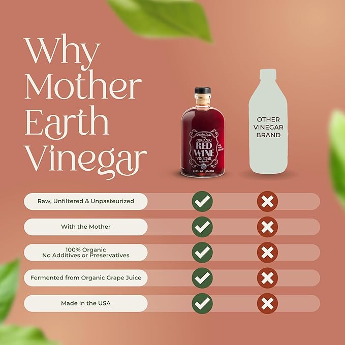 Mother Earth, Organic Red Wine Vinegar with The Mother, Fresh Pressed Organic Cabernet Grapes, ORWV, RWV, Raw, Unpasteurized, Unfiltered (1/14oz Apothecary Glass Bottle with Pour Spout)