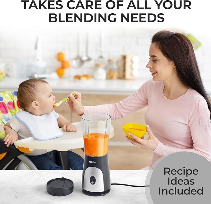 Mueller Smoothie Blender for Smoothies - Personal Blender for Shakes, Frozen Drinks, Baby Food & More, 15oz Travel Cup and Lid, Durable Stainless Steel Blades for Powerful Blending Performance